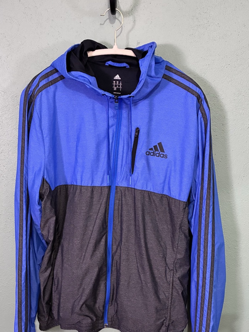 Adidas Medium Blue Black 3 Stripe Full Zip Hooded Windbreaker Jacket